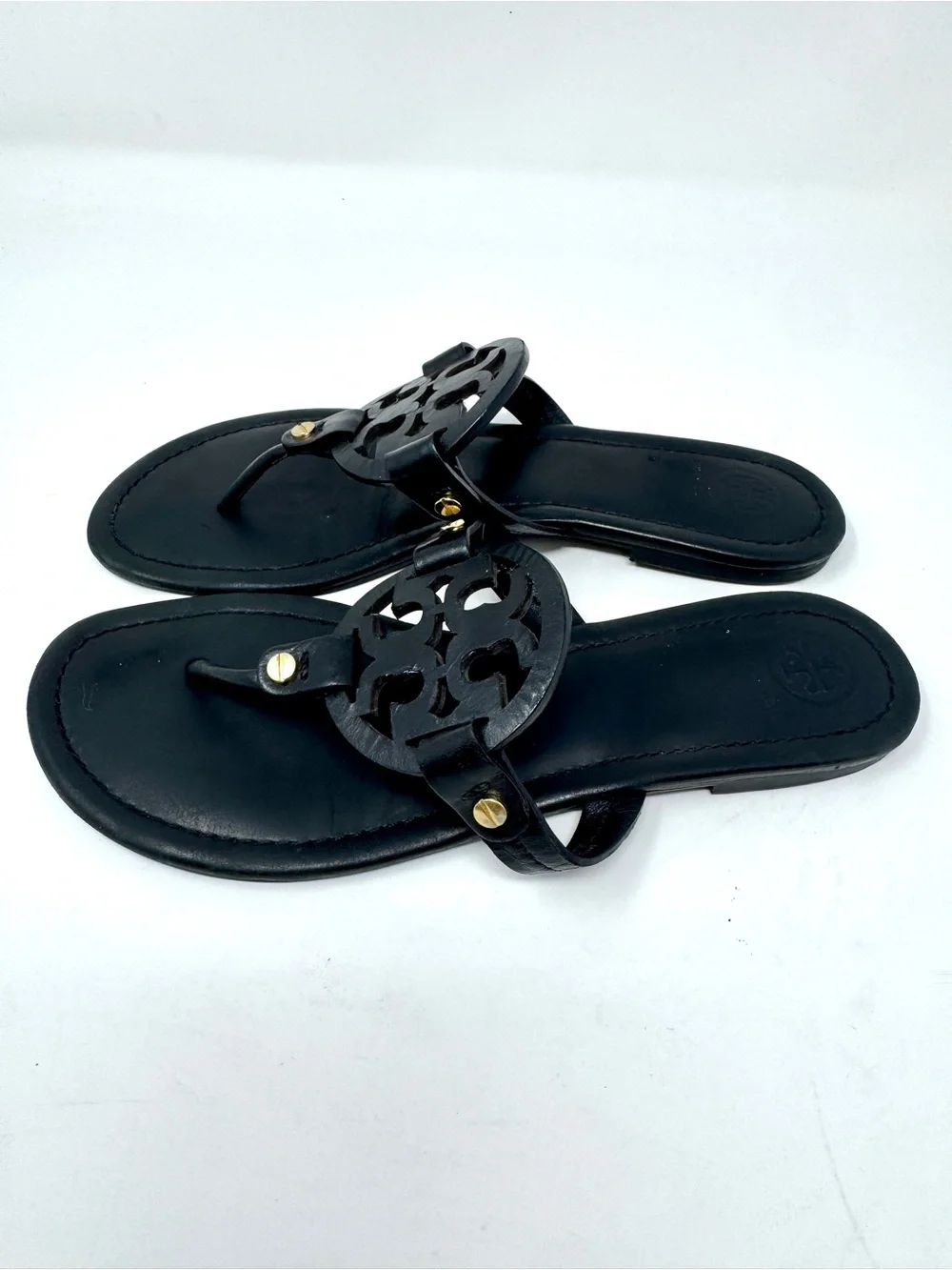 Tory Burch Miller Black Logo Medallion Leather Thong Sandals